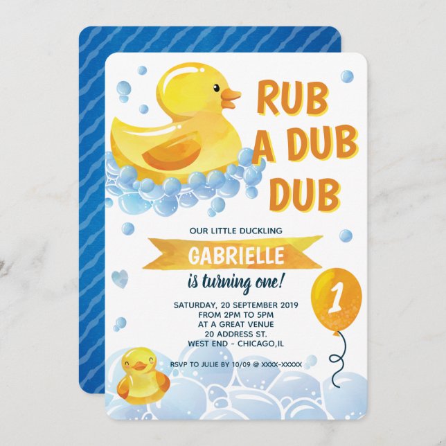 Invitación Fiesta de cumpleaños de Dub Dub Rubber Duck (Anverso / Reverso)