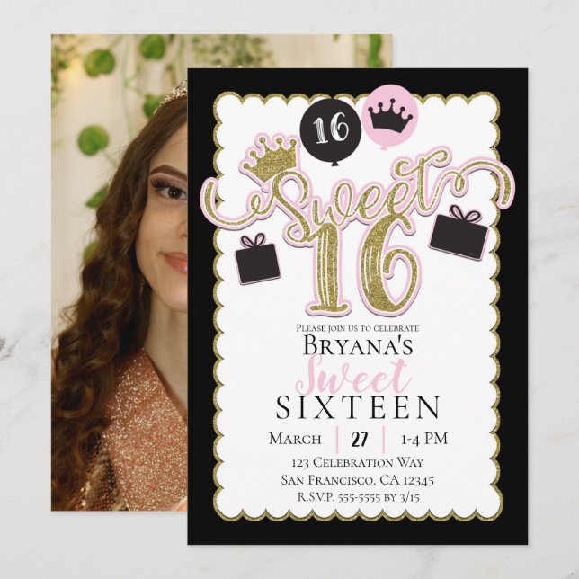 Invitación Fiesta de Cumpleaños de Dulces 16 Rosa Caprichosa (Anverso / Reverso)