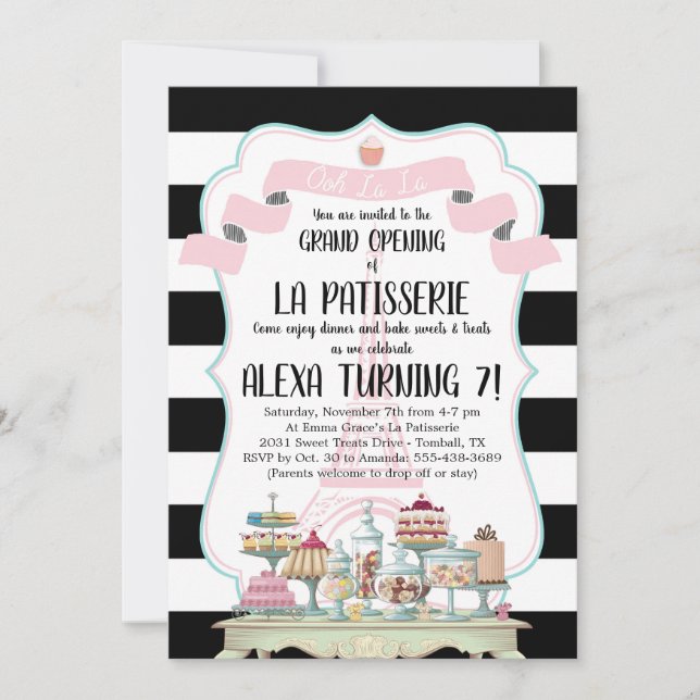 Invitación Fiesta de cumpleaños de dulces y tortas francesas (Anverso)