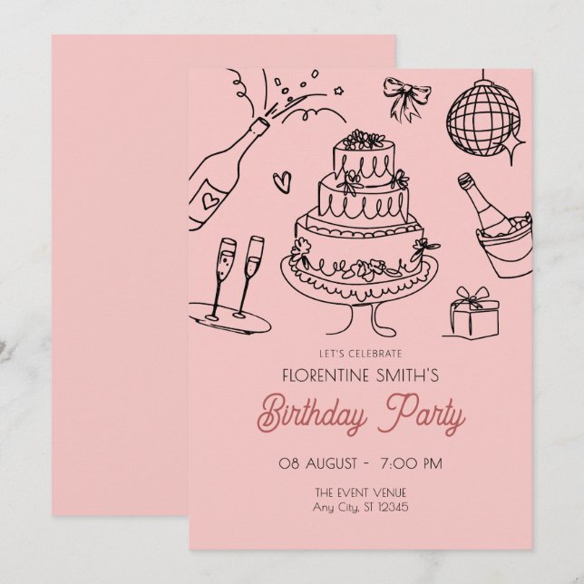 Invitación Fiesta de cumpleaños de durazno rosa (Anverso / Reverso)