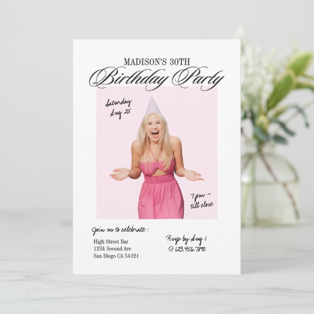 Invitación Fiesta de cumpleaños de edad hito rosa escritura m (Anverso de pie)