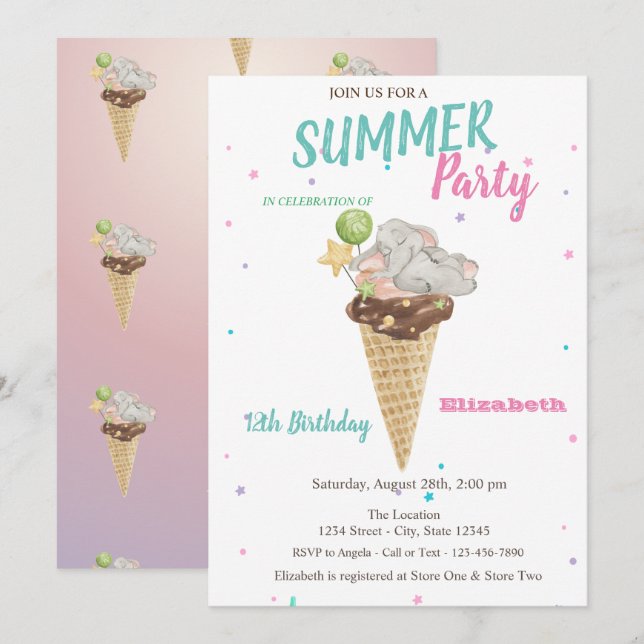 Invitación Fiesta de Cumpleaños de Elefante Bebé con Helado d (Anverso / Reverso)