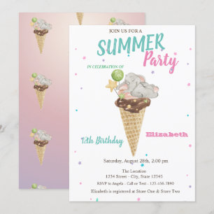 Invitación Fiesta de Cumpleaños de Elefante Bebé con Helado d