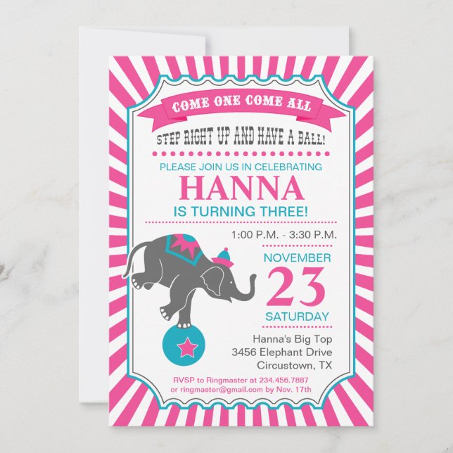 Invitación Fiesta de Cumpleaños de Elefante de Circo (Anverso)