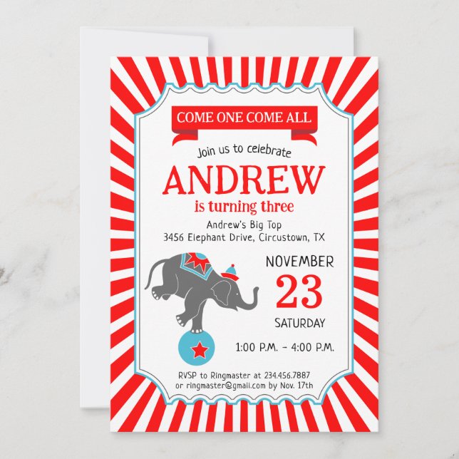 Invitación Fiesta de Cumpleaños de Elefante de Circo (Anverso)