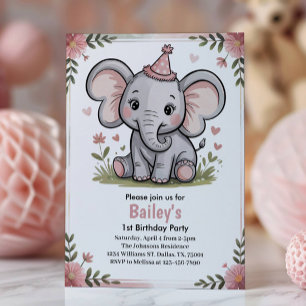 Invitación Fiesta de Cumpleaños de Elefante Rosa Lindo para N