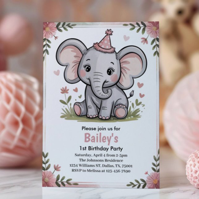 Invitación Fiesta de Cumpleaños de Elefante Rosa Lindo para N (Subido por el creador)