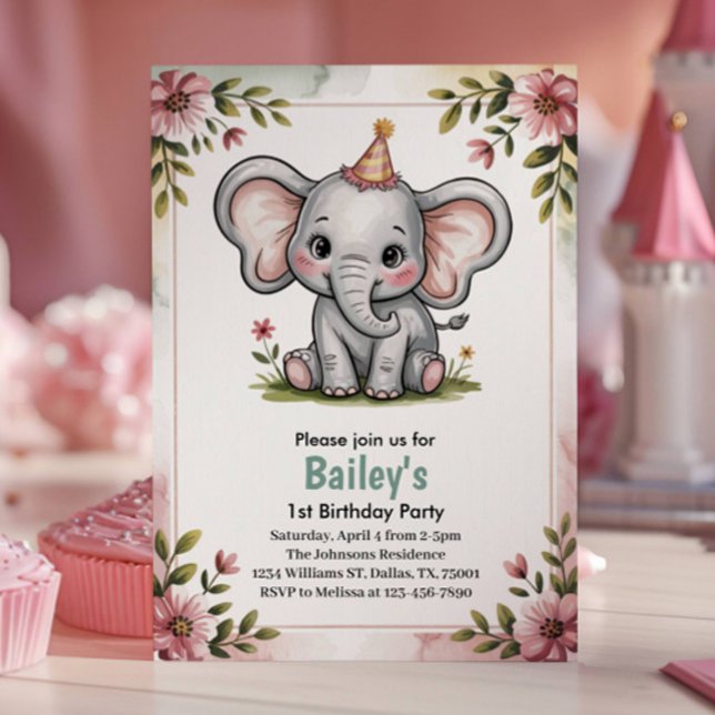 Invitación Fiesta de Cumpleaños de Elefante Rosa Lindo para N (Subido por el creador)