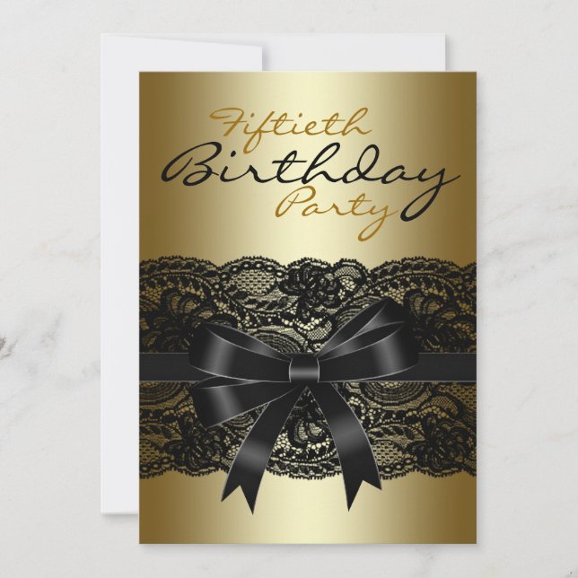 Invitación Fiesta de Cumpleaños de Encaje Negro y Dorado Eleg (Anverso)