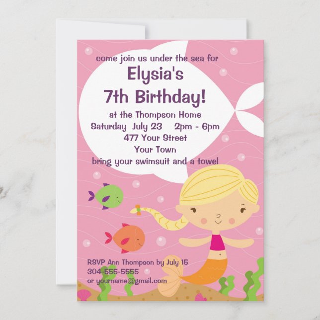 Invitación Fiesta de cumpleaños de encargo de la sirena de (Anverso)