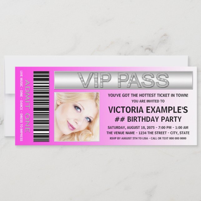 Invitación Fiesta de cumpleaños de entrada VIP de Hot Pink (Anverso)
