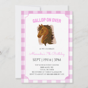 Invitación Fiesta de cumpleaños de equitación con gingham ros
