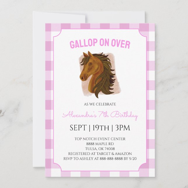 Invitación Fiesta de cumpleaños de equitación con gingham ros (Anverso)