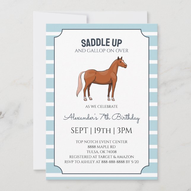Invitación Fiesta de Cumpleaños de Equitación con Rayas Azule (Anverso)