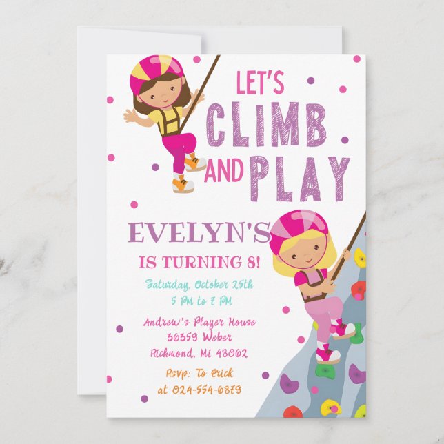 Invitación Fiesta de cumpleaños de escalada rock Chica person (Anverso)