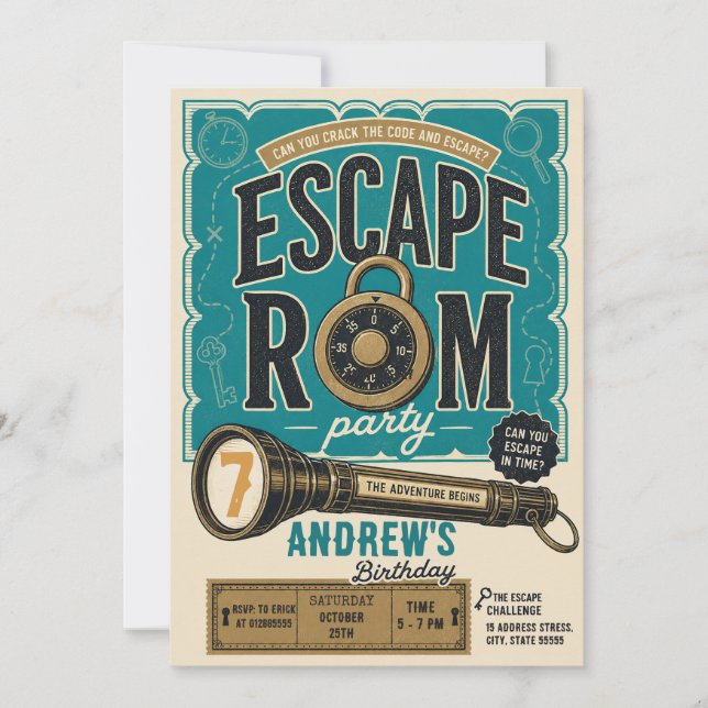 Invitación Fiesta de cumpleaños de Escape Room personalizada  (Anverso)
