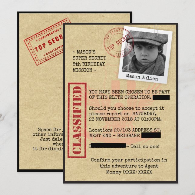 Invitación Fiesta de cumpleaños de espía (Anverso / Reverso)