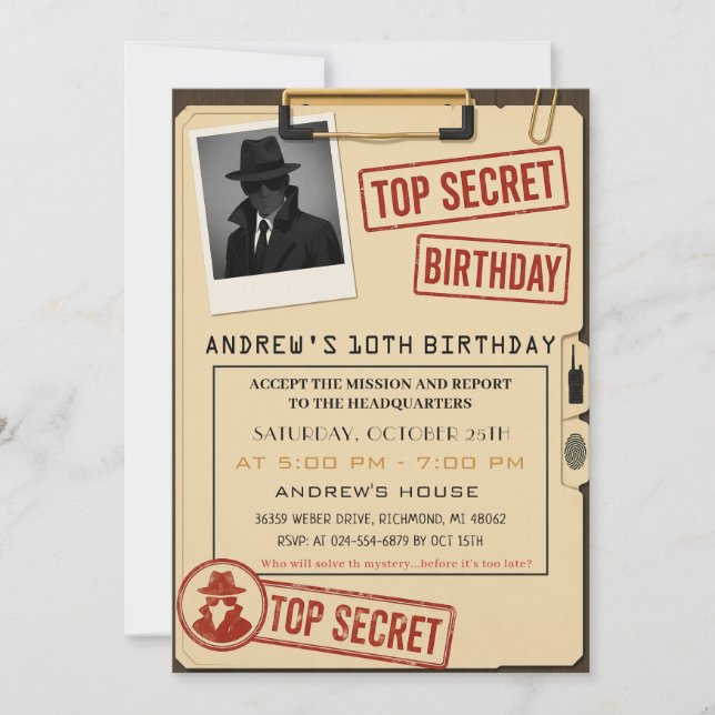 Invitación Fiesta de cumpleaños de espía moderno personalizad (Anverso)