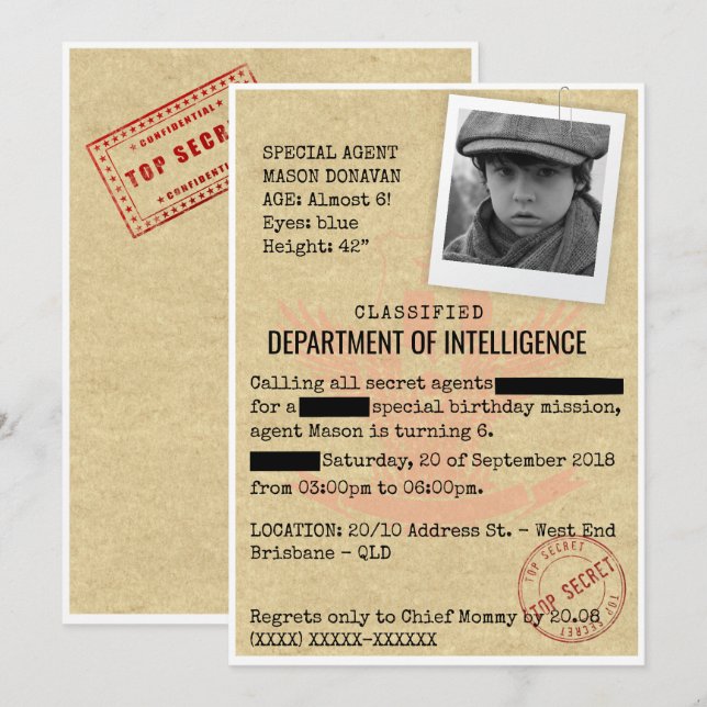 Invitación Fiesta de cumpleaños de espías (Anverso / Reverso)