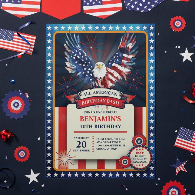 Invitación Fiesta de cumpleaños de Estados Unidos (Celebrate in true American spirit with this bold and dramatic birthday invitation )