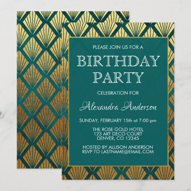 Invitación Fiesta de cumpleaños de estilo Art Deco verde azul (Anverso / Reverso)