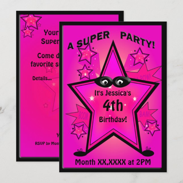 Invitación Fiesta de cumpleaños de estrella Chica superhéroe  (Anverso / Reverso)