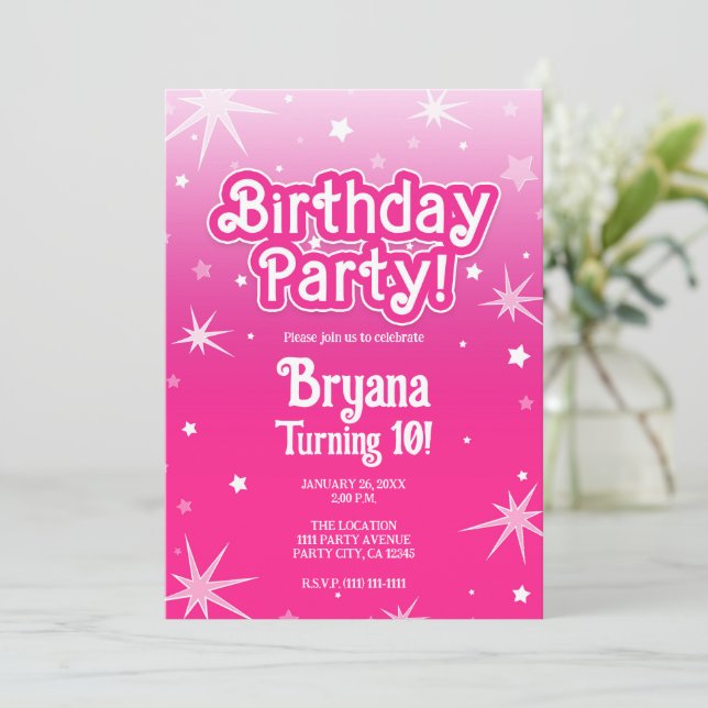 Invitación Fiesta de Cumpleaños de Estrellas Brillantes Rosad (Anverso de pie)