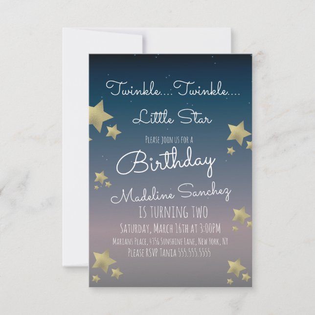 Invitación Fiesta de Cumpleaños de Estrellas Modernas Cielo O (Anverso)