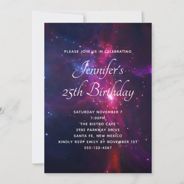Invitación Fiesta de Cumpleaños de Estrellas y Nebulosas del  (Anverso)