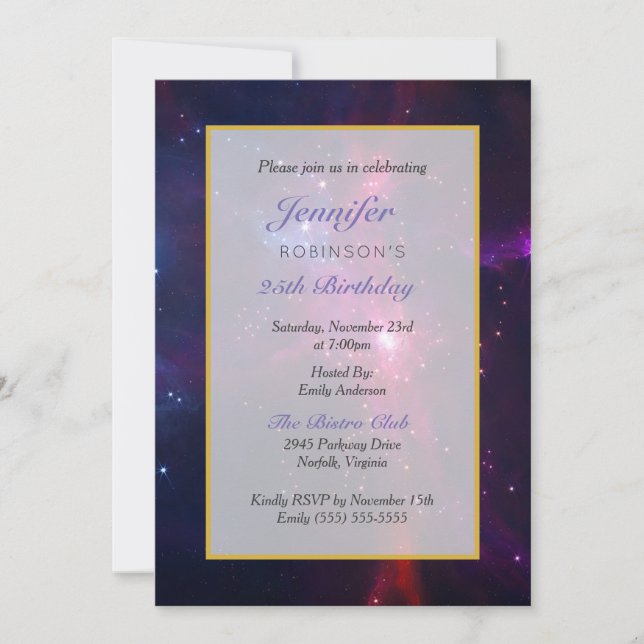 Invitación Fiesta de Cumpleaños de Estrellas y Nebulosas del  (Anverso)