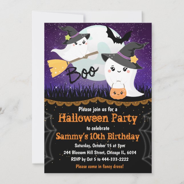 Invitación Fiesta de cumpleaños de fantasmas de Halloween Boo (Anverso)