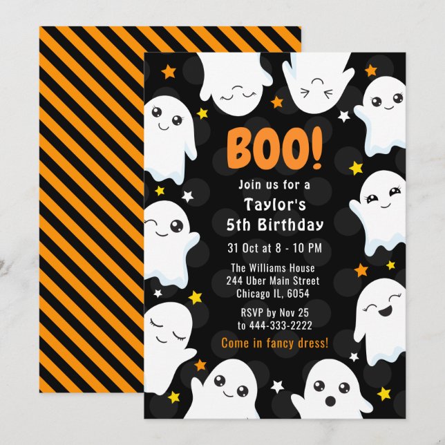 Invitación Fiesta de cumpleaños de fantasmas de Halloween lin (Anverso / Reverso)
