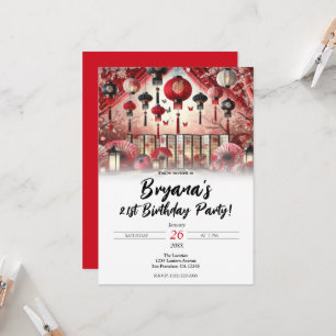 Invitación Fiesta de Cumpleaños de Faroles Japoneses y Flores