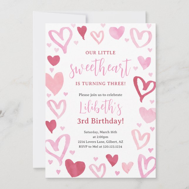 Invitación Fiesta de cumpleaños de febrero para San Valentín (Anverso)