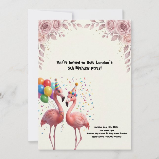 Invitación Fiesta de Cumpleaños de Flamenco Adorable (Anverso)