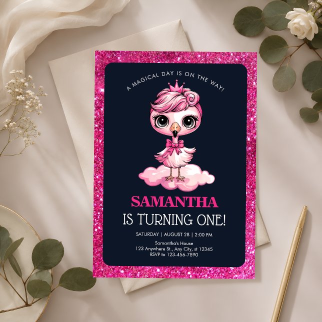 Invitación Fiesta de cumpleaños de flamenco para niña bebé ad (Subido por el creador)