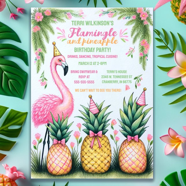Invitación Fiesta de cumpleaños de flamenco tropical y piña (Subido por el creador)
