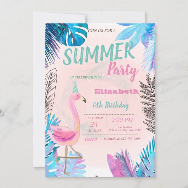 Invitación Fiesta de Cumpleaños de Flamencos Rosados Cute con (Anverso)