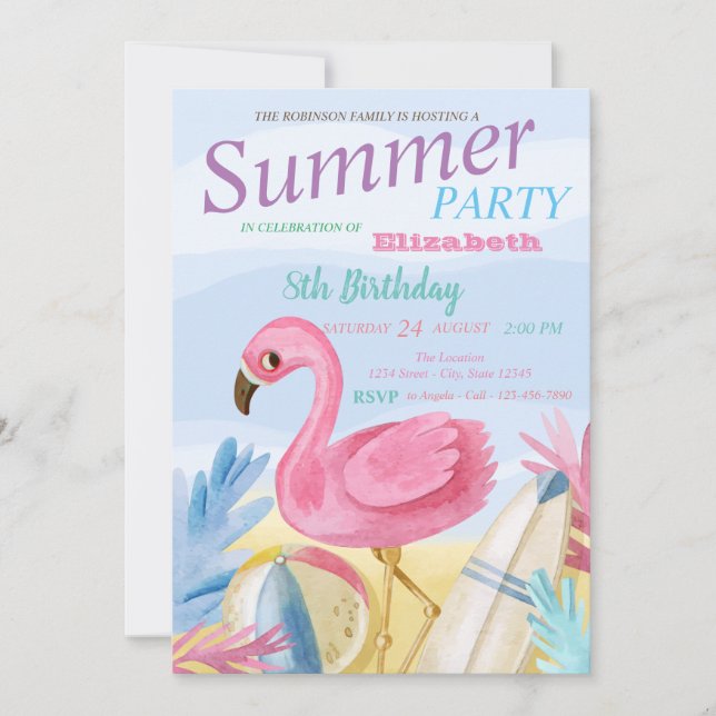 Invitación Fiesta de cumpleaños de flamencos rosados en la pl (Anverso)