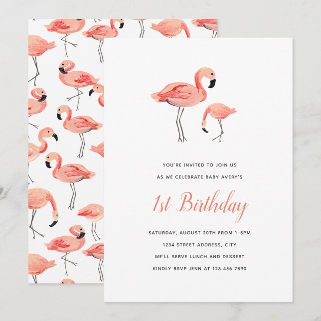 Invitación Fiesta de cumpleaños de Flamingo (Anverso / Reverso)