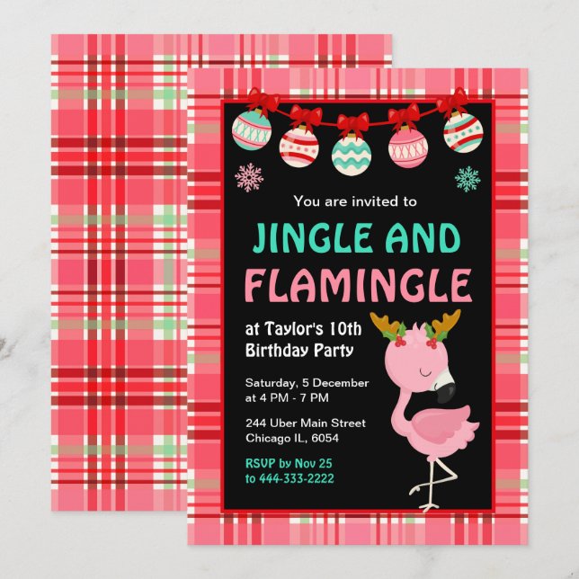 Invitación Fiesta de cumpleaños de Flamingo Holiday (Anverso / Reverso)