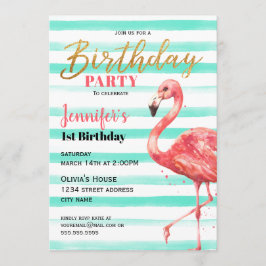Invitación Fiesta de cumpleaños de Flamingo Rosado con franja