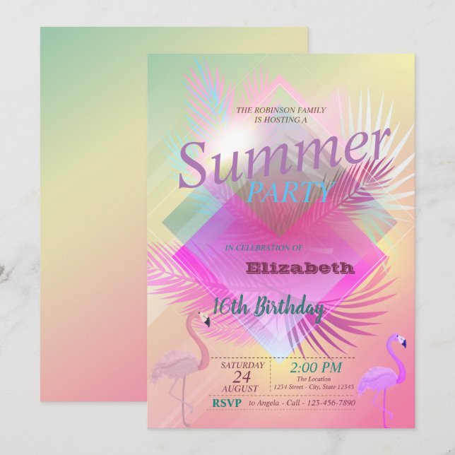 Invitación Fiesta de Cumpleaños de Flamingos Piscina de Veran (Anverso / Reverso)
