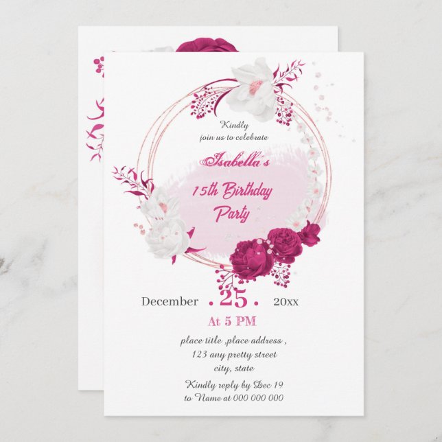 Invitación fiesta de cumpleaños de flor blanca y fucsia (Anverso / Reverso)