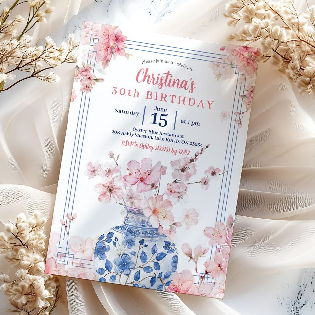 Invitación fiesta de cumpleaños de flor de cerezo rosa Chinoi (Subido por el creador)