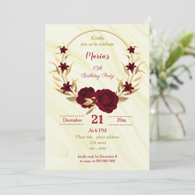 Invitación fiesta de cumpleaños de flor de oro de burgundy (Anverso de pie)