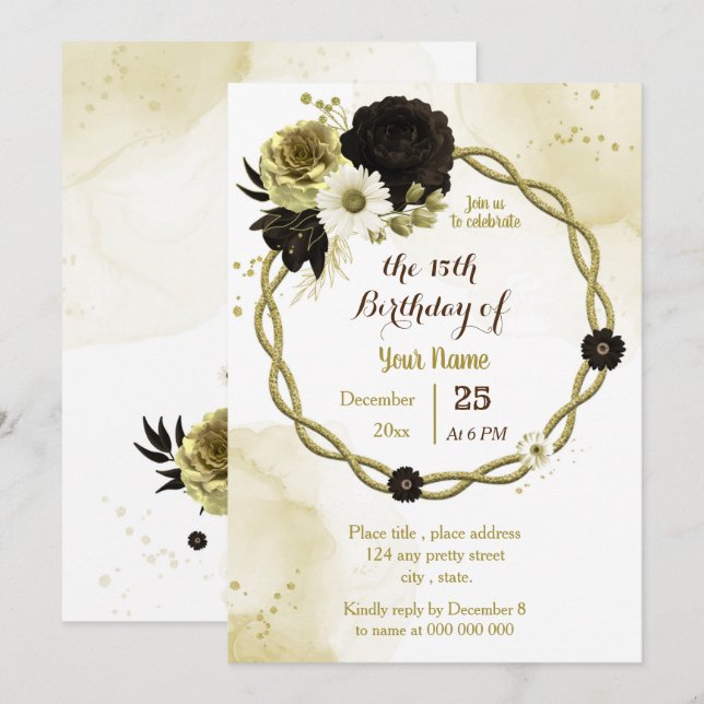Invitación fiesta de cumpleaños de flor floral de oro marrón (Anverso / Reverso)
