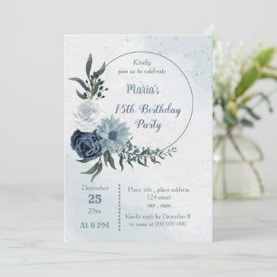 Invitación fiesta de cumpleaños de floral blanca y azul