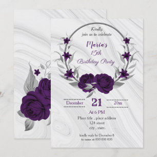 Invitación fiesta de cumpleaños de floral de plata morada rea