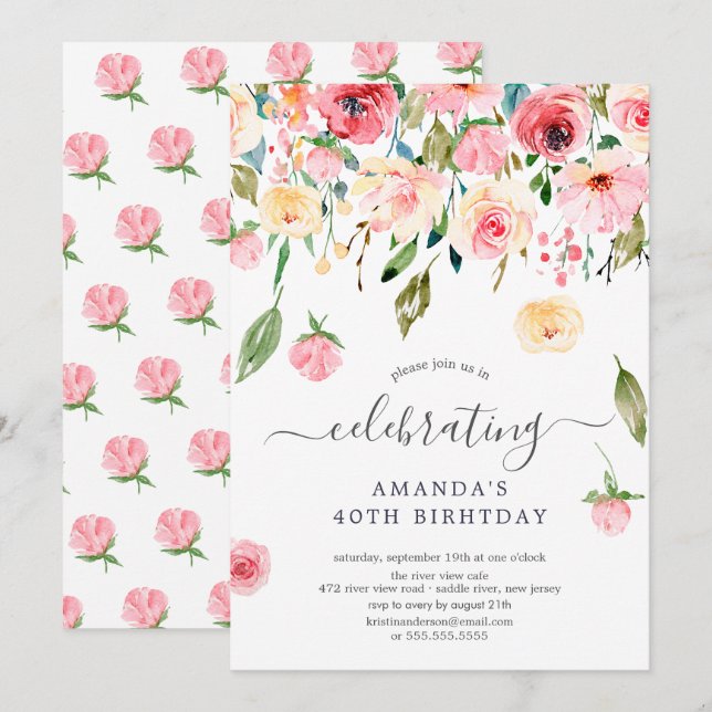 Invitación Fiesta de cumpleaños de Floral Drop Pink Peonies (Anverso / Reverso)